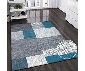 VIMODA Designer Short Pile Carpet in turquoise Blue, grey and white Tile Look Easy-care Turquoise, 200x290 cm