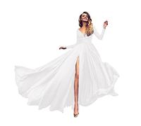 Vimoli Evening Dress Women's Maxi Dress Pleated Slit Elegant Long Sleeve Party Dress V-Neck Wedding Dresses Sexy Slit Dress A-line Prom Dress, White, L