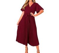 Vimoli Women Short Sleeve Wrap V Neck Casual Summer Dresses Satin Tie Waist Elegant Pleated Flowy A Line Midi Short Dress Maxi Dresses Petite Size Wine