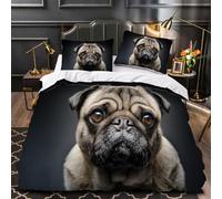 VIMOOR Childrens Double Duvet Cover Pug Bedding Set 3PCs Dog, Animal Ultra Soft Microfiber with 2 Pillowcases and Zipper Closure Decor Bedspread Cover for Kids Boys Girls winter,155x220