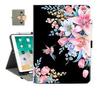 Vimorco for iPad 9th/8th/7th Generation Case 10.2 Inch, for iPad Pro 10.5 Inch Case, for iPad Air 3rd Generation Cases with Pencil Holder/Hand Strap/Pocket, Adjustable Angle, Black Flower Hummingbird