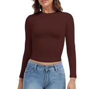 VIMPEP Women's Double Lined Long Sleeve T Shirts Crew Neck Slim Fit y2k Sexy Tops Basic Outfits for Workout Undershirts, Chocolate Brown, L