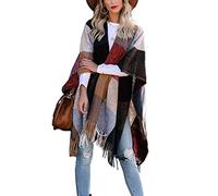 VIMPUNEC Women Boho Buffalo Plaid Poncho Pashmina Shawl Wrap Cape Sweater Knitting Cardigan with Tassel, Brown, One size