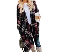 VIMPUNEC Women Boho Buffalo Plaid Poncho Pashmina Shawl Wrap Cape Sweater Knitting Cardigan with Tassel, A Red Plaid Thick, One size