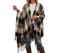 VIMPUNEC Women Boho Buffalo Plaid Poncho Pashmina Shawl Wrap Cape Sweater Knitting Cardigan with Tassel, Brown V3, One Size