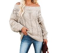 VIMPUNEC Womens Oversized Sweater Color Block Off The Shoulder Pullover Sweaters Cable Knit Chunky Striped Tops, Solid Khaki, Large