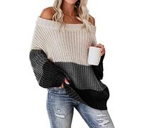 VIMPUNEC Womens Oversized Sweater Color Block Off The Shoulder Pullover Sweaters Cable Knit Chunky Striped Tops, B Gray, Small