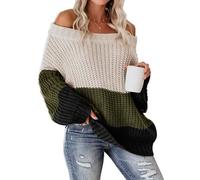 VIMPUNEC Womens Oversized Sweater Color Block Off The Shoulder Pullover Sweaters Cable Knit Chunky Striped Tops, B Army Green, 3XL
