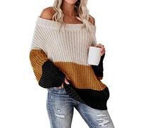 VIMPUNEC Womens Oversized Sweater Color Block Off The Shoulder Pullover Sweaters Cable Knit Chunky Striped Tops, B Yellow, Small