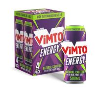 Vimto Energy Drink - Original Flavour - Natural Caffeine & B Vitamins - 4 x 500ml Multipack Cans - HFSS Compliant - Fruity Energy Boost, Sparkling Juice Drink