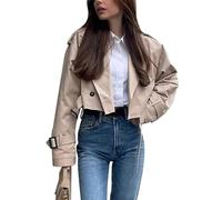 Vimyig Women's Cropped Trench Coat Casual Lapel Double Breasted Short Jacket Outerwear with Belt, Khaki, M