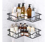 Vinabo Black Corner Shower Caddy, 2-Tier No-Drill Bathroom Shelf | Shower Organiser with 8 Hooks, Rust-Resistant Metal Bathroom Shelves for 90° Corners