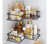 Vinabo Corner Shower Caddy, 2 Pack Rustproof Bathroom Shelves, Shower Shelf No Drilling, Adhesive Bathroom Organiser Accessory with Hooks, Black