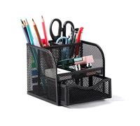 Vinabo Desk Organiser, Metal Mesh Pen Holder, Stationary Organiser with 4 Sorting Compartments, Compact Pencil Pot with Sliding Drawer for Stationery, Home, School, Desk Accessories