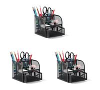 Vinabo Desk Organiser, Metal Mesh Pen Holder, Stationary Organiser with 4 Sorting Compartments, Compact Pencil Pot with Sliding Drawer for Stationery, Home, School, Desk Accessories (Pack of 3)