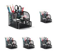 Vinabo Desk Organiser, Metal Mesh Pen Holder, Stationary Organiser with 4 Sorting Compartments, Compact Pencil Pot with Sliding Drawer for Stationery, Home, School, Desk Accessories (Pack of 5)