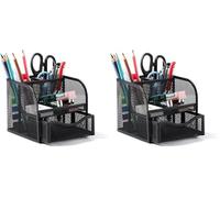 Vinabo Desk Organiser, Metal Mesh Pen Holder, Stationary Organiser with 4 Sorting Compartments, Compact Pencil Pot with Sliding Drawer for Stationery, Home, School, Desk Accessories (Pack of 2)