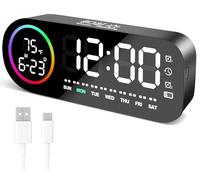 Vinabo Digital Alarm Clock with 7 Color Night Light, 4 Brightness Levels, Large LED Temperature Display, Voice Control, 12/24H, USB Port, Snooze, Power Off Memory (Black)