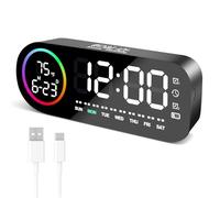 Vinabo Digital Alarm Clock with 7 Color Night Light, 4 Brightness Levels, Large LED Temperature Display, Voice Control, 12/24H, USB Port, Snooze, Power Off Memory (Black)