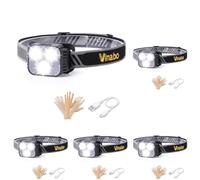 Vinabo Head Torch Rechargeable, LED Headlamp with Red Warning Lights, Camping Headlight with Sensor Control, 6 Light Modes, IPX4 Waterproof for Fishing, Camping, Hiking, Cycling, Running (Pack of 5)