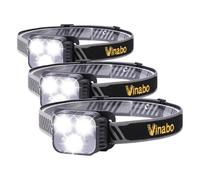 Vinabo Head Torch Rechargeable, LED Headlamp with Red Warning Lights, Camping Headlight with Sensor Control, 6 Light Modes, IPX4 Waterproof for Fishing, Camping, Hiking, Cycling, Running (Pack of 3)