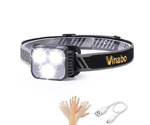 Vinabo Head Torch Rechargeable, LED Headlamp with Red Warning Lights, Camping Headlight with Sensor Control, 6 Light Modes, IPX4 Waterproof for Fishing, Camping, Hiking, Cycling, Running