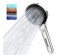 Vinabo High Pressure Shower Head, Anti Limescale Shower Head with 6 Jet Types, Water Saving Shower Head with Water Stop Button - Silver