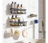 Vinabo Shower Caddy, Bathroom Shelf Organiser No Drilling with Soap Dish, 3PCS, Rust-Proof Bathroom Accessory, Shower Storage with Hooks, Essentials for Kitchen (Black)