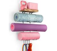 VINAEMO Yoga Mat Holder Accessories Wall Mount Organizer Storage Decor Foam Roller and Towel Storage Rack with 4 Hooks and Wooden Shelves Yoga Mats Rack Resistance Bands for Home Gym School Office