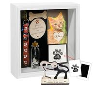 vinatimes 8.6'' Pet Memorial Shadow Box Gift Collar Holder White Picture Frame Paw Print Kit Rainbow Fur Ashes Bottle Pet Wood Sculpture Sympathy Passed Away Dog Cat Gift Tabletop Wall Decor PSD-4TR