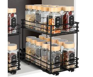 VINATO 2 Tier Sliding Spice Rack - Space-Saving Kitchen Organizer with Guides, Storage Rack for Pantry (26x15x21.8cm)