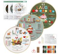 VINATO Embroidery Kit for Beginners, 3 Festive Print Patterns, Bamboo Frame 20 cm, Scissors, 10 Colors Threads, Full Cross Stitch Set, Creative Hobby for Adults