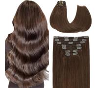 VINBAO Clip-In Real Hair Extensions, 35 cm, 140 g, Chocolate Brown, Real Hair Extensions, Full Head, 7 Pieces, 14 Inches, #4
