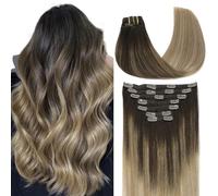VINBAO Clip-In Real Hair Extensions, 55 cm, 160 g, Dark Brown to Chestnut Brown and Dirty Blonde Highlights, Remy Clip-In Real Hair Extensions, 7 Pieces, 22 Inches, #2/6/18