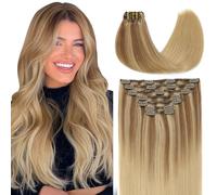 VINBAO Clip-In Real Hair Extensions, Balayage, 35 cm, 140 g, Golden Brown Balayage Dirty Blonde, Double Wefts, Full Head, Clip in 7 Pieces, #10/16/16