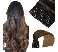 VINBAO Clip-In Real Hair Extensions, Black, Double Wefts, Chocolate Brown, Remy Natural Hair, 120 g, 6 Pieces, 18 Inches (#1BT4.45 cm)