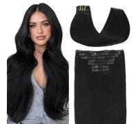 VINBAO Clip-In Real Hair Extensions, Deep Black, 45 cm, 160 g, Clip Extensions, Real Hair, Straight, Double Wefts, Natural Clip in 7 Pieces, 18 Inches, #1
