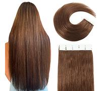 VINBAO Tape-In Real Hair Extensions, Chocolate Brown, 20 Pieces, 50 g, 35 cm, Invisible Hair Extensions, Real Hair, Invisible Straight Extensions, Silky Straight, Seamless Tape in 14 Inches, #4