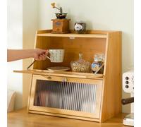 Vinbcorw Bamboo Countertop Storage Cabinet, Kitchen Sideboard with Fluted Acrylic Door for Spice Jars Mugs Utensils,Primary color
