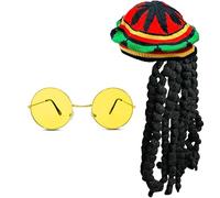 VINCAM Bob Marley Rasta Hat with Black Dreadlocks Wig and Yellow Lennon Glasses, Rastafarian, Jamaican Beach Caribbean Fancy Dress Costume for Cosplay Party Masquerade
