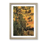 Vincent Van Gogh Pine Trees Against A Red Sky Classic Painting Framed Wall Art Print, Ready to Hang Picture for Living Room Bedroom Home Office Décor, Oak A4 (34 x 25 cm)