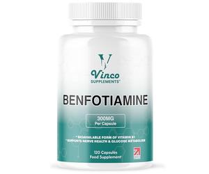 Vinco Benfotiamine 300mg - Vitamin B1 Thiamine High Strength for Heart & Kidney Support, 120 Vegan Capsules, Enhanced Cognitive Function, Energy & Antioxidants, Gluten & Allergen-Free - Made in UK