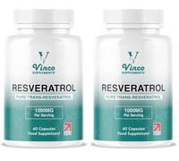 Vinco Resveratrol 1000mg, 60 Capsules - 100% Pure Trans-Resveratrol Supplement for Cellular Health and Cardiovascular Wellness - Non-GMO & Gluten Free - Made in The UK (Pack of 2)