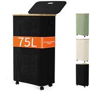 Vincona Laundry Basket with Wheels, Dirty Clothes Hamper on Wheels, Rolling Tall Laundry Hamper with lid for Laundry Room, Dorm and Bathroom, 75L Black