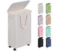Vincona Slim Laundry Hamper with Lid and Wheels, Small Rolling Laundry Basket with Handle for Small Spaces, Tall Dirty Clothes Hampers for Dorm, Bathroom and Bedroom, 55L, Beige