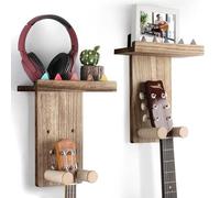 VINCOURNA Guitar Wall Mount with Shelf,2Pack Wooden Guitar Holder Hanger Hook Multifunctional Rack Bracket Stand Easy Install for Electric Guitar Bass Acoustic Ukulele Violin Mandolin-Carbonized Black