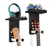 VINCOURNA Guitar Wall Mount with Shelf, 2Pack Wooden Guitar Wall Holder Hanger Hooks, Multifunctional Rack Bracket Stand, Easy Install for Electric Guitar Bass Acoustic Ukulele Violin Mandolin-Black