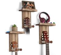 VINCOURNA Guitar Wall Mount with Shelf,3Pack Wooden Guitar Holder Hanger Hook Multifunctional Rack Bracket Stand Easy Install for Electric Guitar Bass Acoustic Ukulele Violin Mandolin Carbonized Black