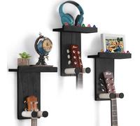 VINCOURNA Guitar Wall Mount with Shelf, 3Pack Wooden Guitar Holder Hanger Hooks, Multifunctional Wall Rack Bracket Stand Easy Install for Electric Guitar Bass Acoustic Ukulele Violin Mandolin Black
