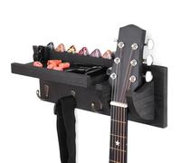 VINCOURNA Guitar Wall Mount with Shelf Wooden Guitar Holder Hanger & 3Hooks Multifunctional Rack Bracket Stand Easy Install for Electric Guitar Bass Acoustic Ukulele Violin Mandolin-Black